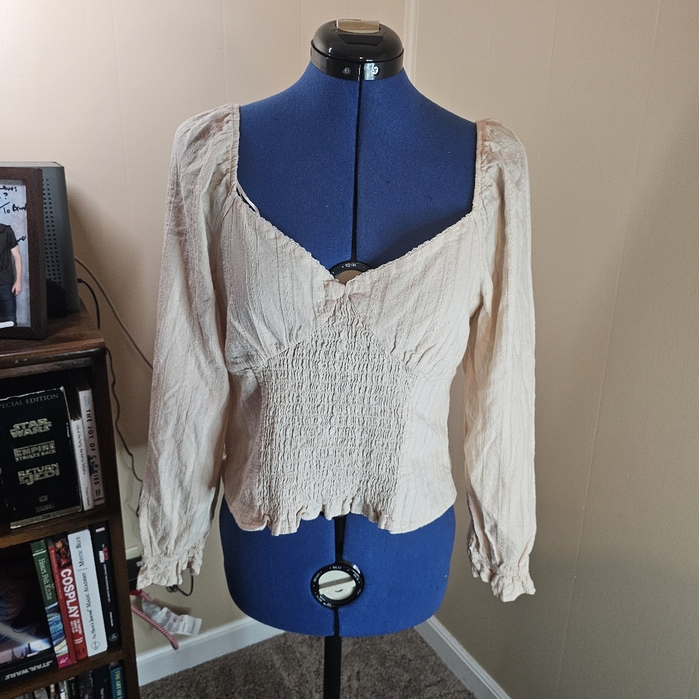 Urban Romantics Beige Smocked Peasant Puff Sleeve Cottagecore Top